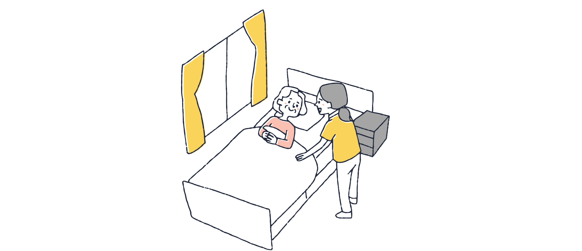 ベッドでくつろぐ笑顔のシニア女性と優しく寄り添う介護スタッフ